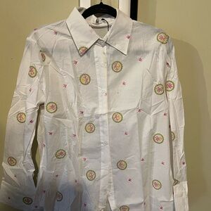 White Button-Up Shirt with Pink and Yellow Embroidery